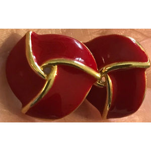 Red Enamel Gold Tone Knot Tailored Button Pierced Earrings